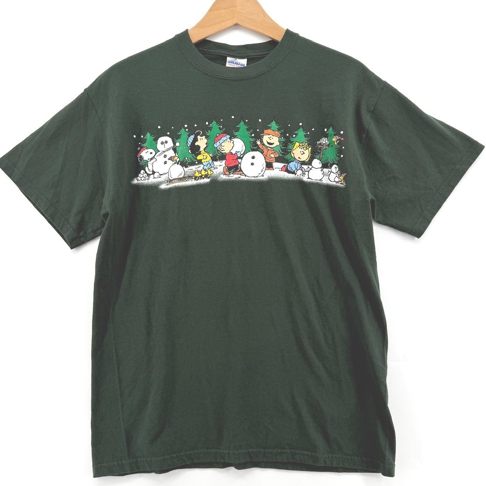 Peanuts Charlie Brown Christmas Snow Y2K Green T Shirt‎ Gildan Heavy Cotton M